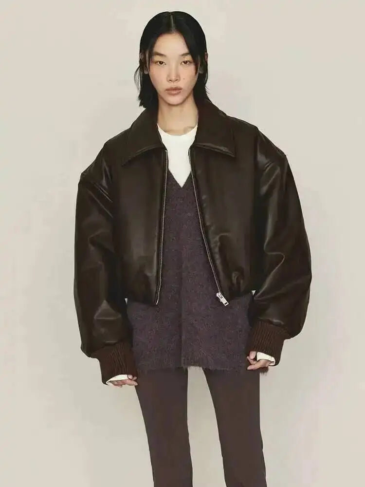 SHENGPALAE Women's Fashion 2026 Autumn Winter New Clothes Solid Color Leather Thicken Warm Female Short Cotton Jacket 5C1437