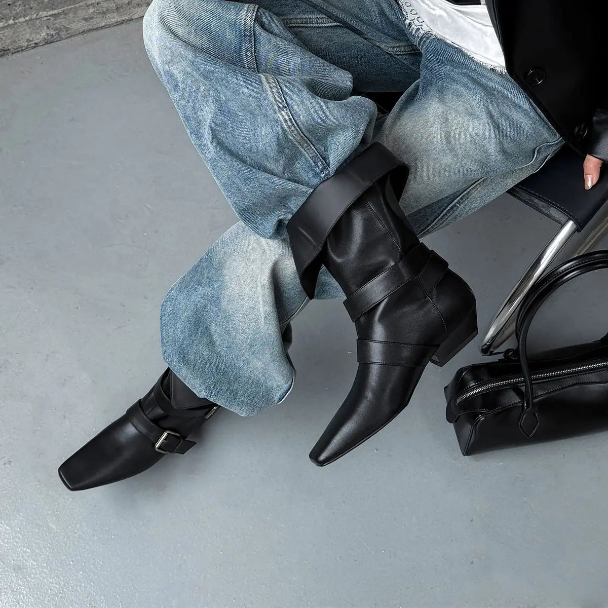 Arden Furtado Autumn Belt buckle cowhide Mid-Calf boots Square toe pull-on Middle heel Modern boots Large size Women's Boots