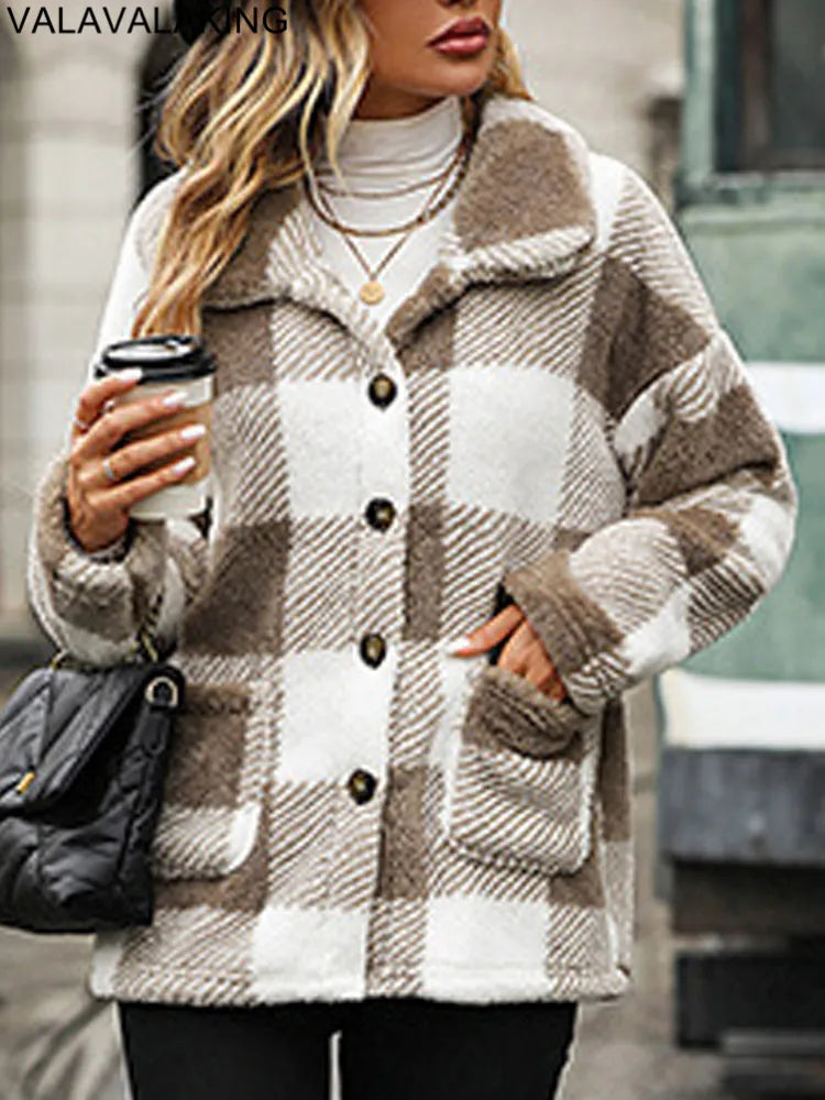 2026 Autumn Winter Long Sleeve Thick Jacket For Women Plush Warm Button Casual Coat Lady Elegant Loose Plaid Coat Female Clothes