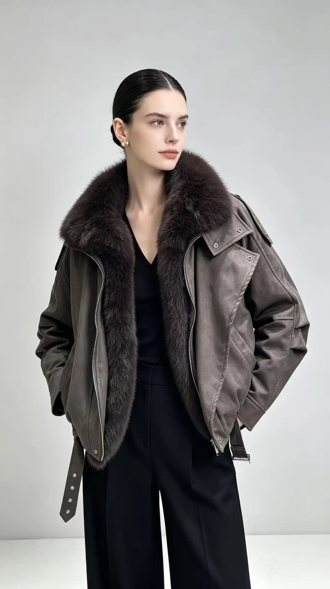 New winter style short down jacket with fox fur collar, high-quality fashion suede jacket, loose fit, thick and warm fur coat.