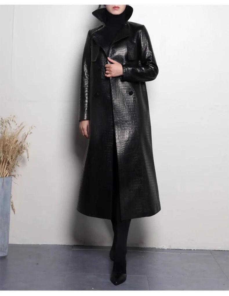 Lautaro Autumn Long Shiny Reflective Patent Faux Leather Trench Coat for Women Belt Double Breasted Luxury Designer Clothes 2023