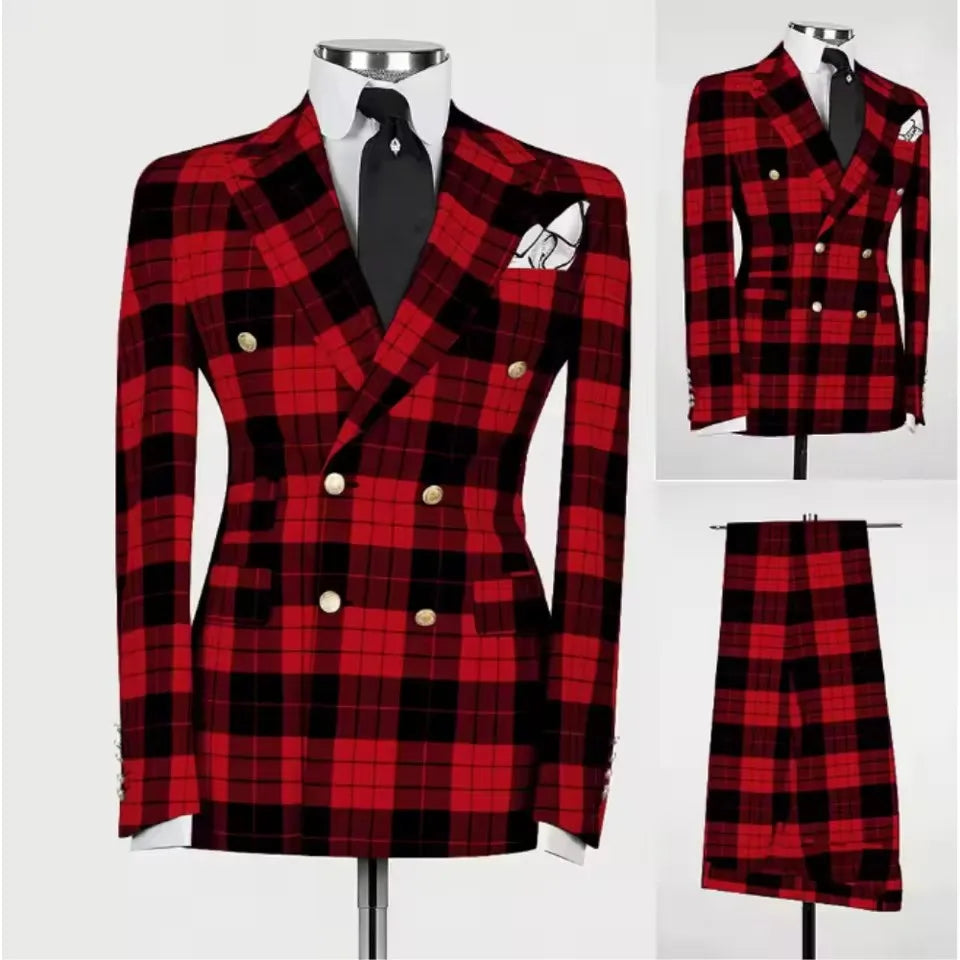 British Style Plaid Check Suits Men 2 Pieces Sets Double Breasted Prom Blazers Customized Man Business Daily Party Tuxedos