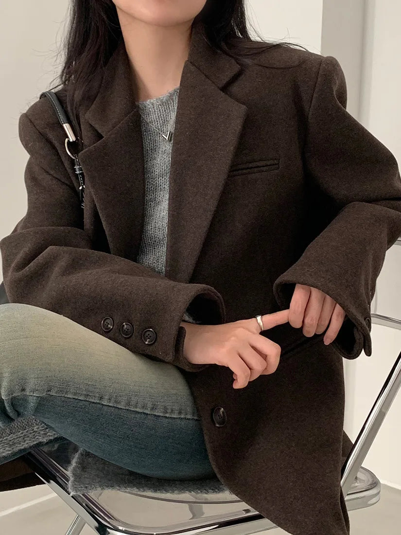 Chic Autumn Winter Thiened Long Sve Pure Color Woolen Suit Jaet Women Casual Versatile Loose Fit Commute Sle Coat