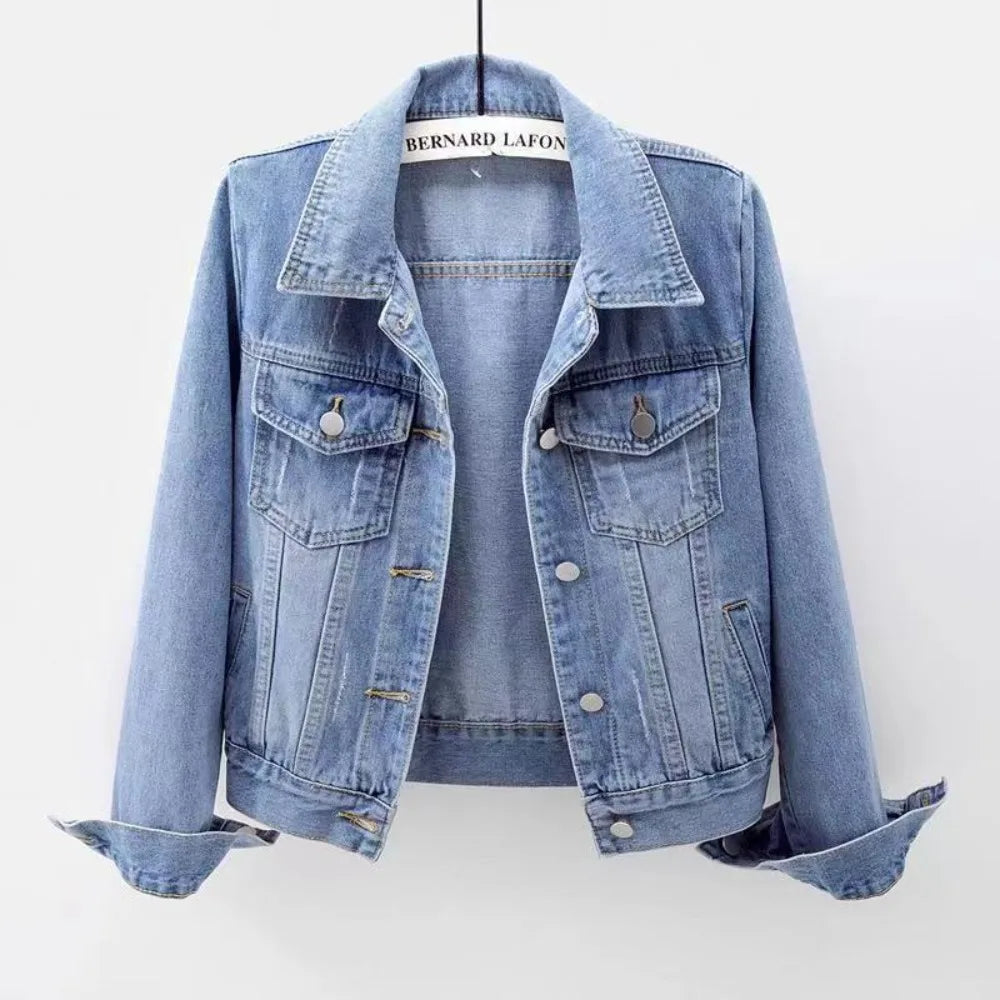 Women Spring Denim Jacket Short Slim Fit Washed Single Button Long Sleeve