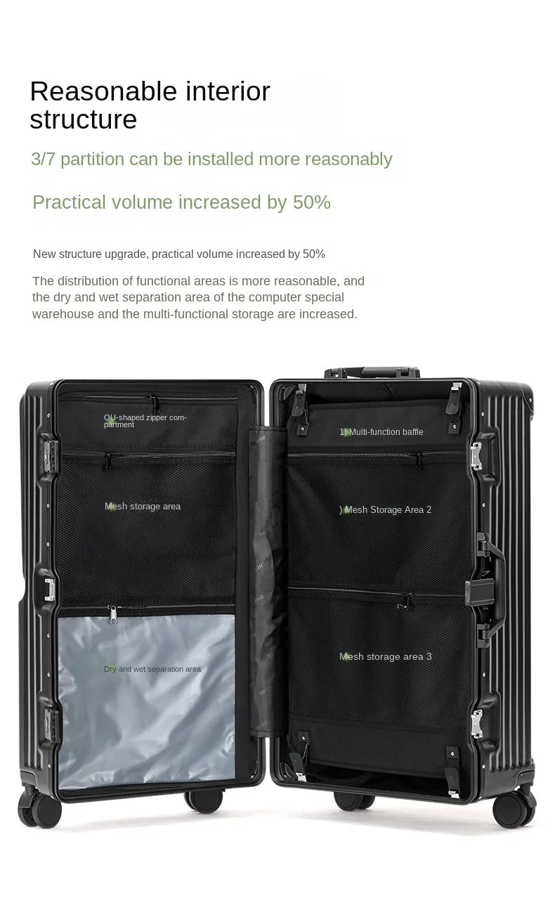 Front Opening Suitcase 20 inch Boarding Box Trolley Case 28/30 inch Luggage Large Capacity Aluminium Frame Suitcase Password Box