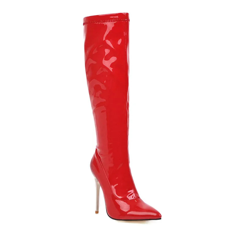 Women High Boots Sexy Zipper Black Red White Knee High Boot Thin Heels Patent Women's Autumn Winter Dance Shoes Large Size 45 48