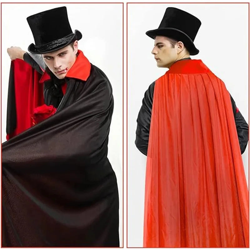Halloween Themed Party Two Layer Two-Tone Hooded Stand-Up Collar Vampire Costume Robe Cloak, Unisex Adult Reversible Stand-Up C