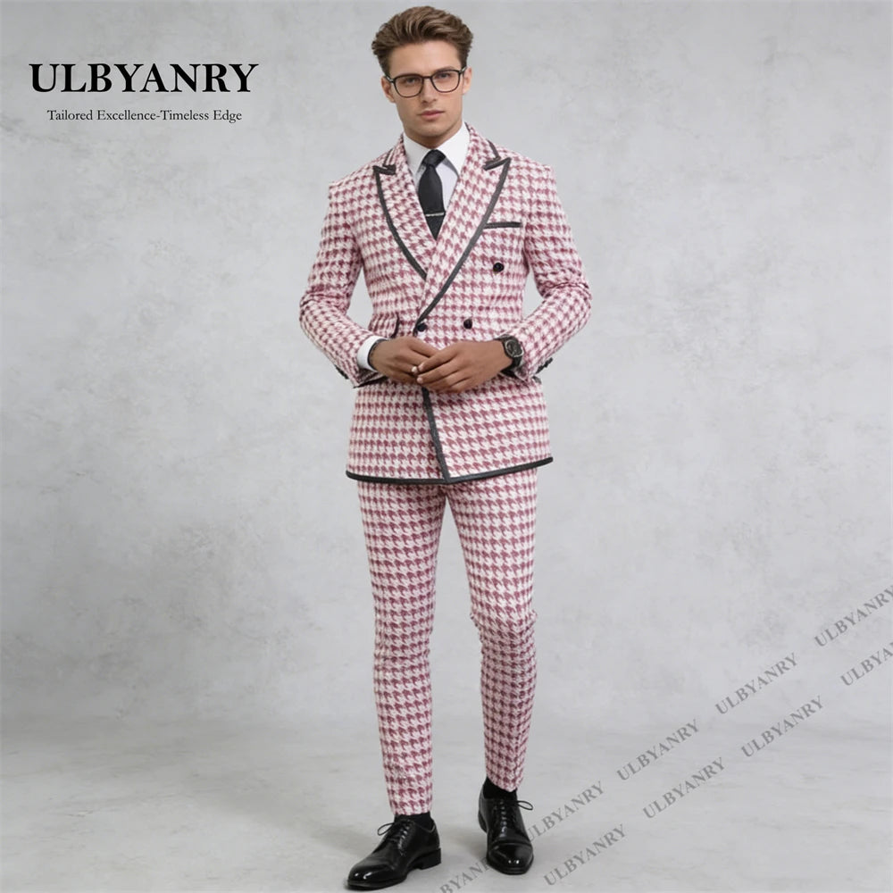 ULBYANRY Men’s Houndstooth Double Breasted Black Trim Suit Set for Wedding Party Celebration Slim Fit Jacket Pants Set for Date