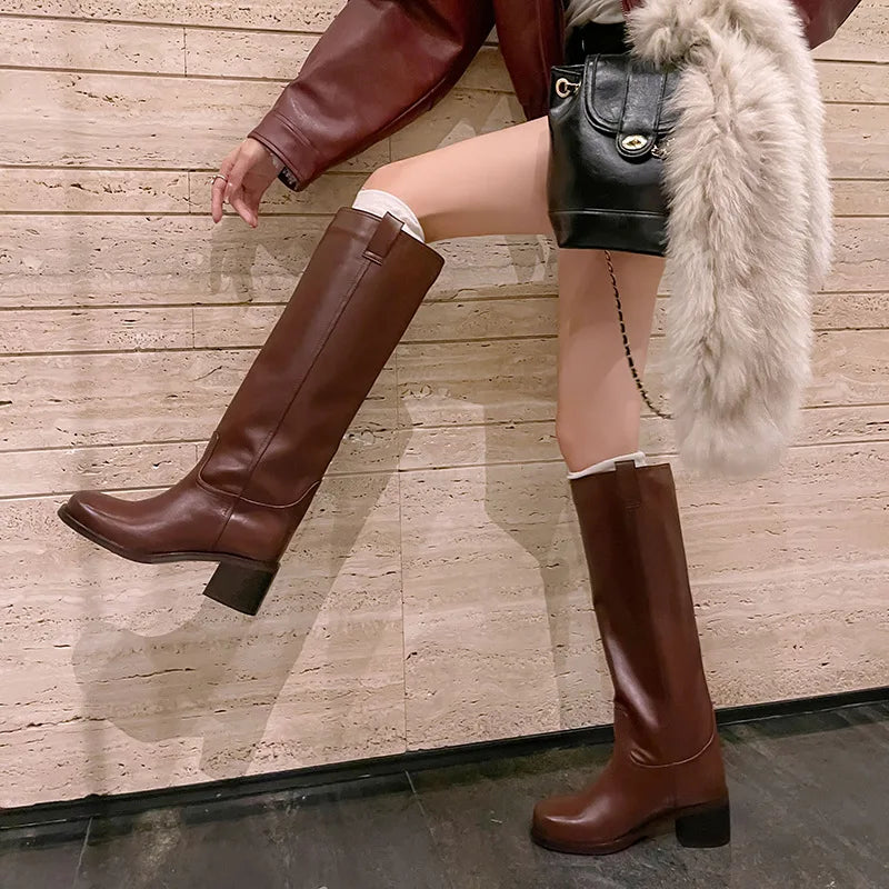 Arden Furtado Autumn Cowhide Knee High Boots Round Toe Pull-On Chunky Heels Riding Boots British Style Large Size Boots