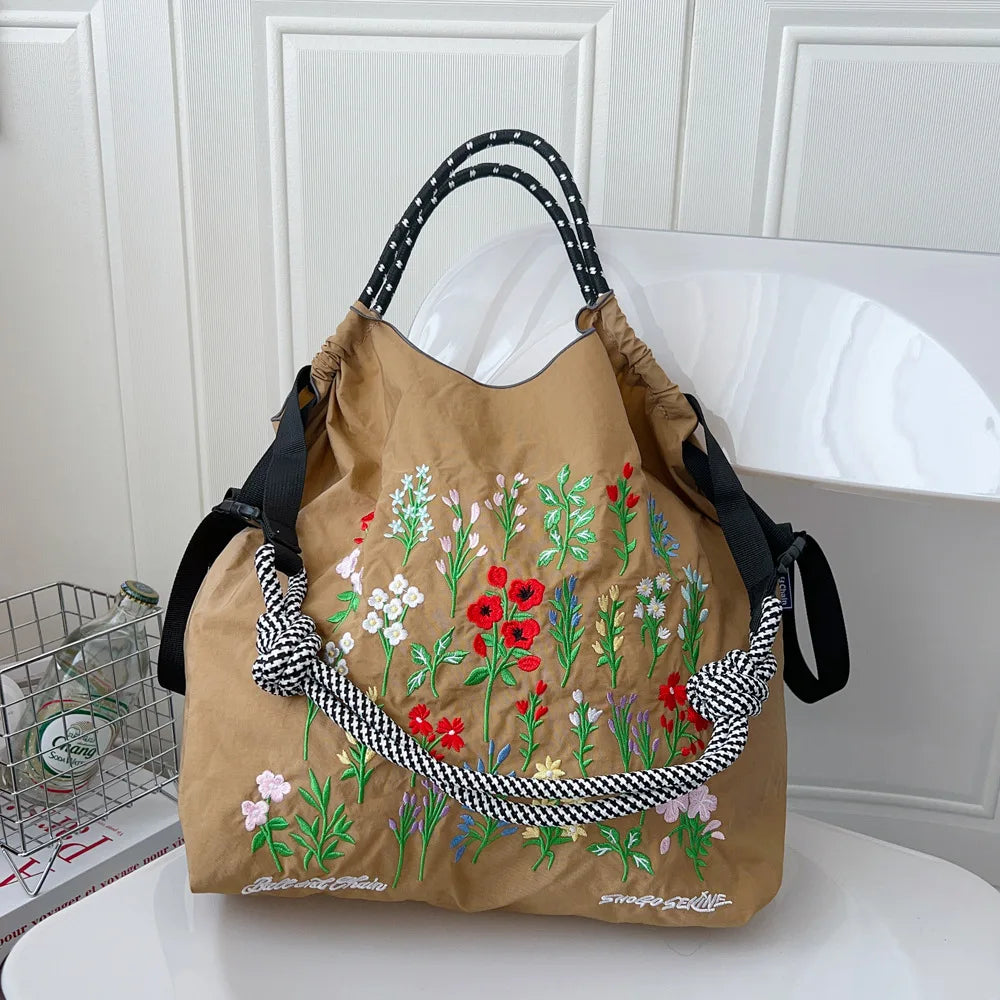Large Medium Embroidered Shopping Bag, Casual Handheld Simple Large Capacity Shoulder Bag Shoulder Straps Included