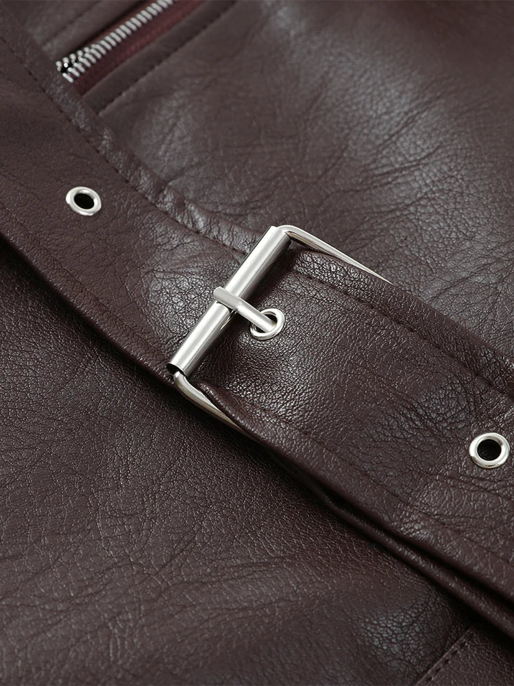 Women Chic Brown Leather Jacket With Belt Chic Full Sleeve Laple Zipper Short Coats 2026 Autumn New Ladies Street Biker Jackets