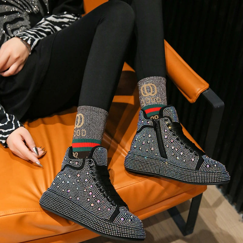 Diamond Elegant Boots and Ankle Boots for Women Winter Bottom Women's Snow Boots Round Toe Thick Bottom Warm Flashing Shoes
