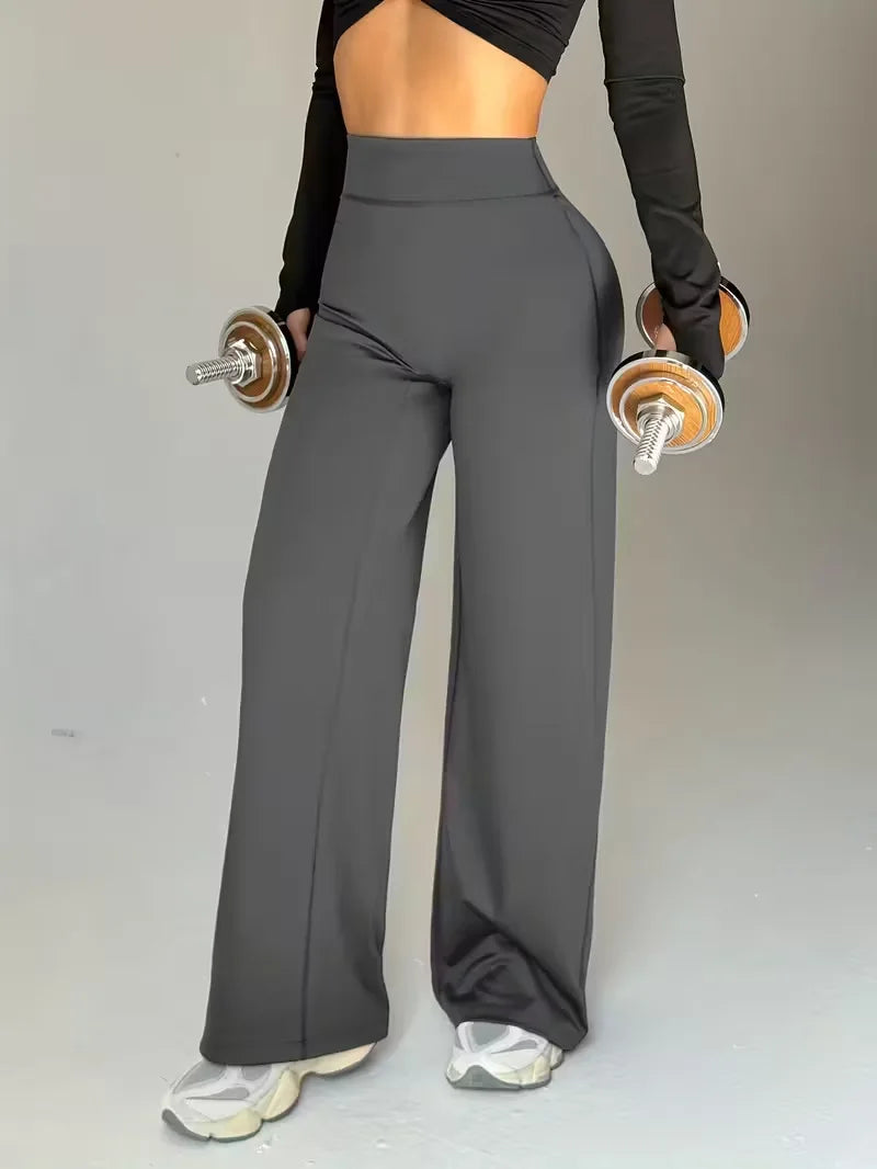 Gym Workout Wide Leg Leggings Women High Waist Tummy Control Loose Yoga Pants Woman Gray Hip Lifting Straight Sports Trousers