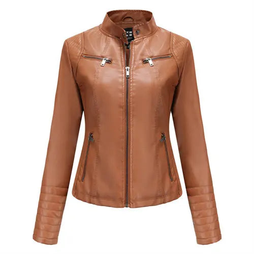 2026 Women's Bright Red V-neck Leather Jacket, Fashion Slim PU Coat, Black Short Outerwear Asia Size XS S M L XL XXL