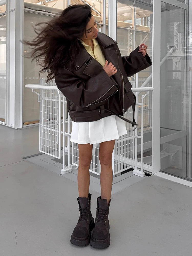 Women Chic Brown Leather Jacket With Belt Chic Full Sleeve Laple Zipper Short Coats 2026 Autumn New Ladies Street Biker Jackets