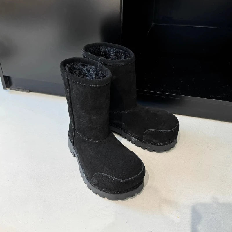 New Fashionable Snow Boots Platform Elevating Warm Cotton Shoes Warm Big Head Design Long Boots Ladies All-over Brown Long Boots