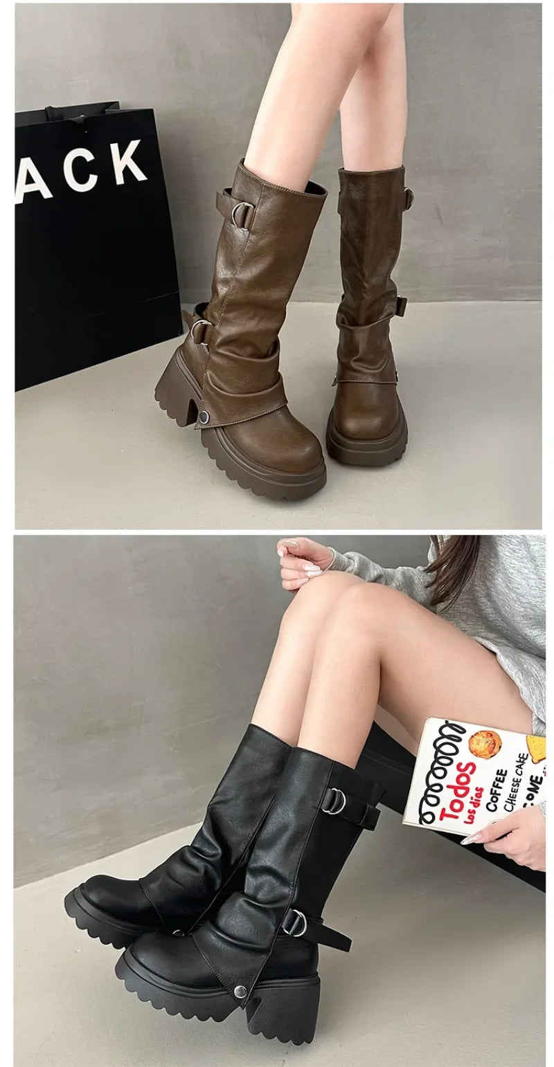 Shang Shi Black Thick High-heeled Thick Soled Boots for Women, 2026 New Winter Versatile Women's Zipper Slimming Pants Leg Boots