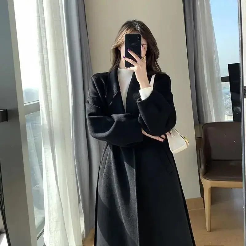Black Woolen Coat Women's Mid-Length Thickened Autumn Winter New Style High-End Atmosphere Goddess Style Outerwear Coat