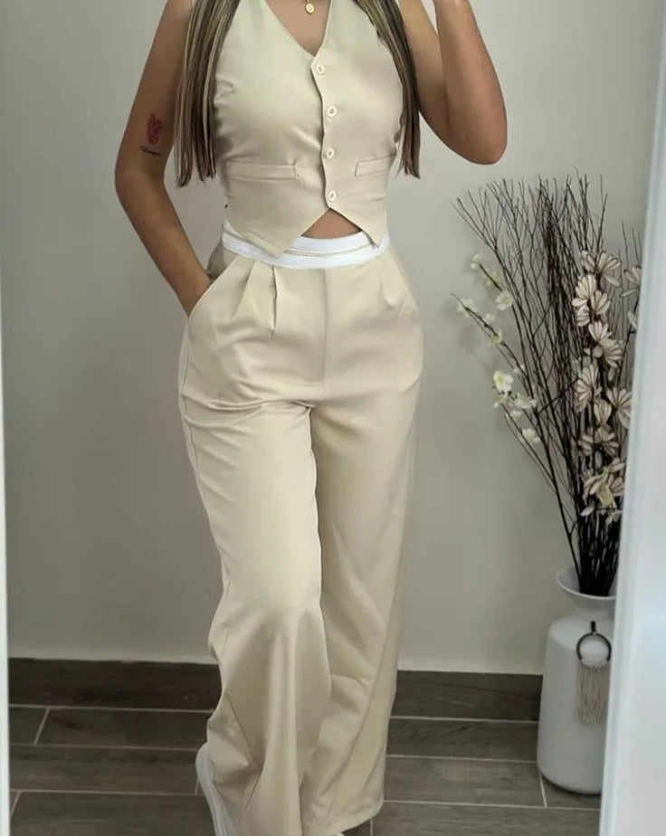 Elegant Two Piece Sets 2024 V-Neck Buttoned Vest Sleeveless Top & High Waist Pocket Straight Pant  Casual Streetwear Pants Set