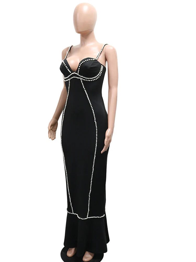 Bonnie Forest Pearl Beaded Bandage Dress Women Elegant Bodycon Sexy V Neck Mermaid Maxi Dress Party Club Outfits