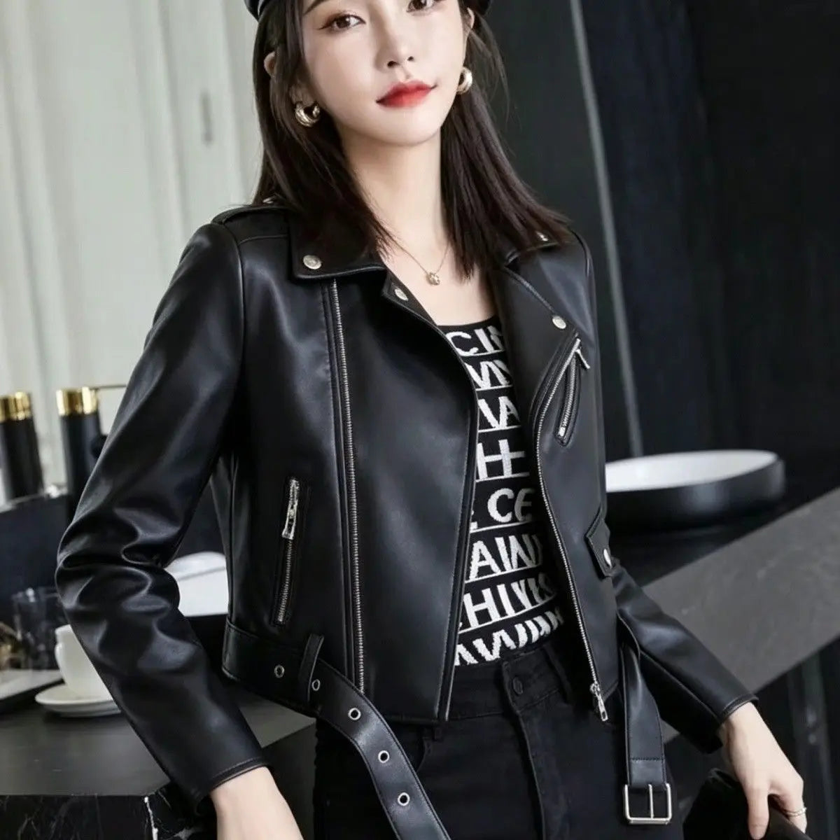 2026 autumn winter new women's PU leather jacket locomotive suit Maillard lapel large size women's leather jacket jacket women