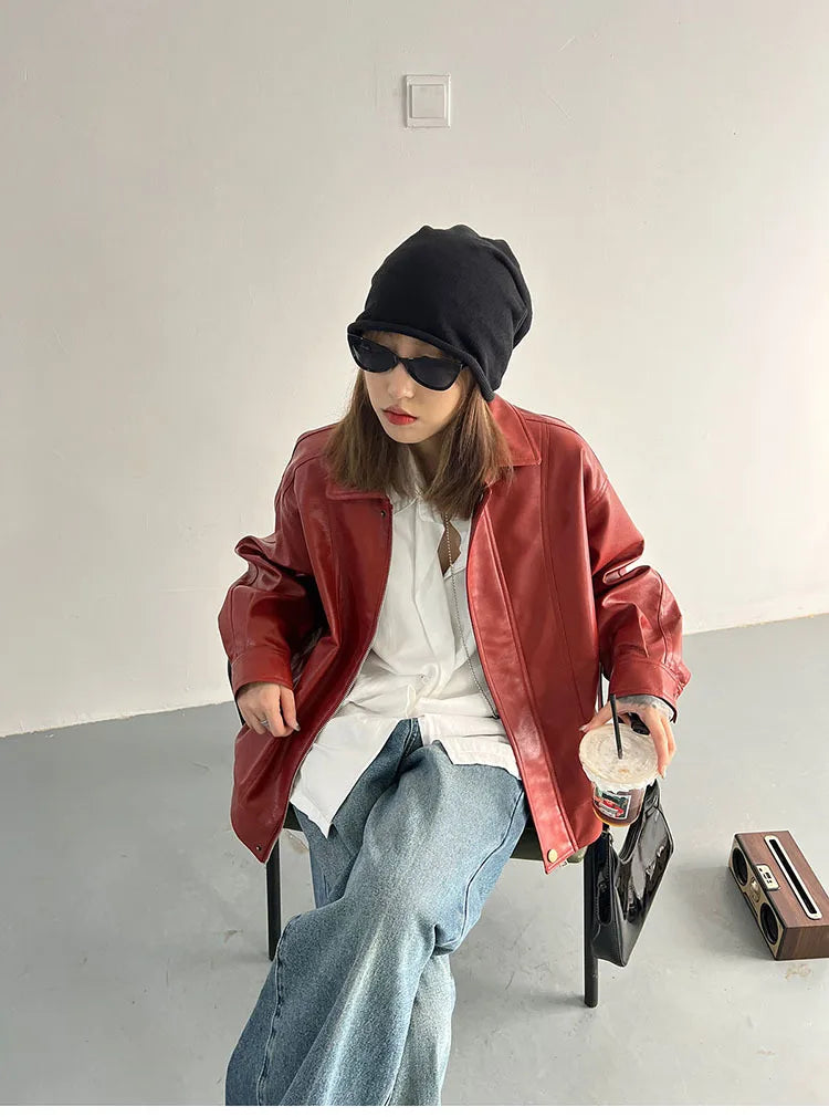 Punk Vintage Red Leather Jacket Women Streetwear Moto Biker Zipper Leather Jacket Female Winter High Street Chic Leather Coat