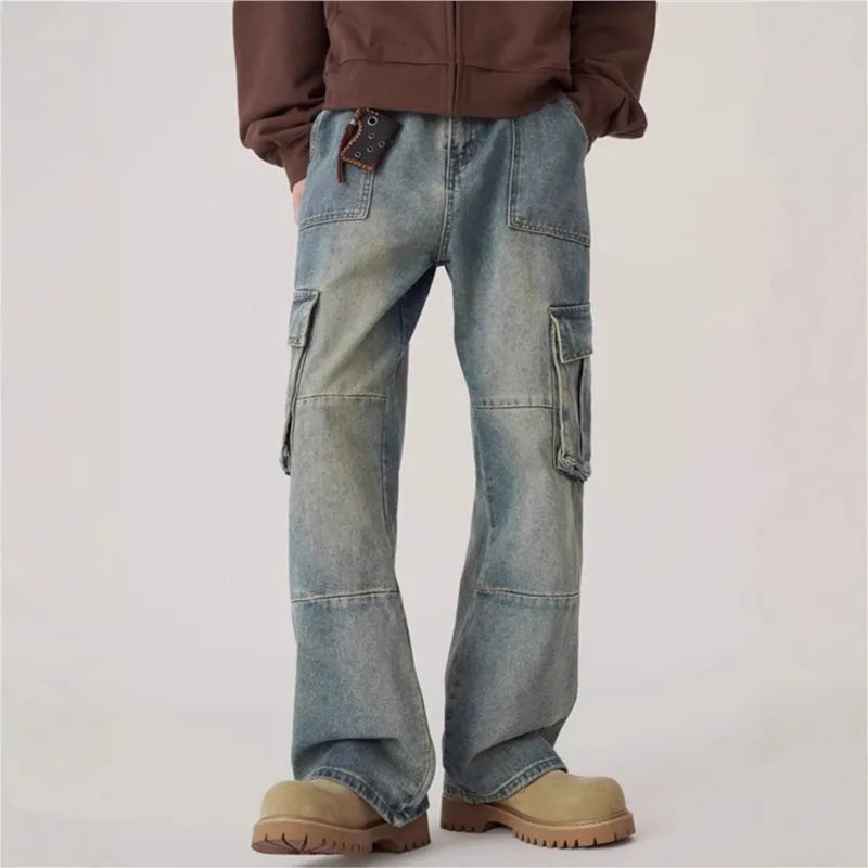 2025 Autumn Winter  Men's Jeans Vintage Vibe Denim Pants Multi Pocket Cargo Patchwork Wide Leg Straight Leg Versatile Trousers