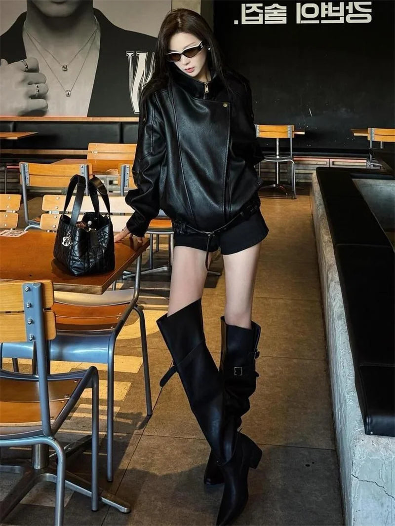 Winter Ladies High End Faux Leather Outwear American Femme Long Sleeves PU Leather Jacket Autumn Women Fashion Casual Loose Coat