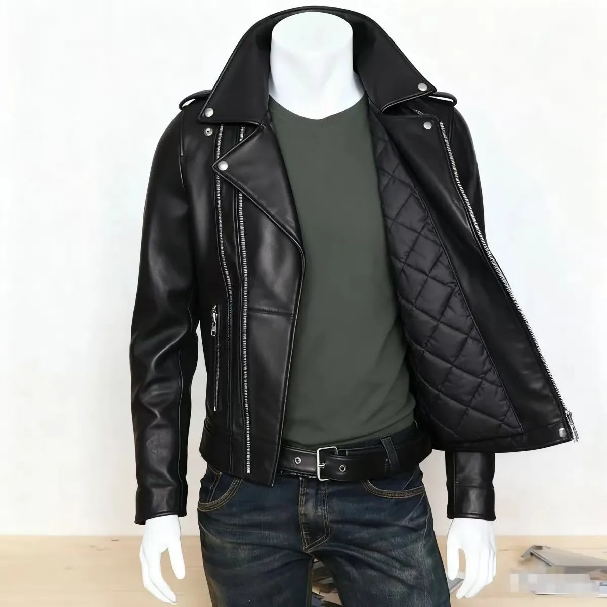 Winter and Autumn Men's Oversized Button-down PU Leather Coat with Multiple Zippers Polo Jacket, with Many Zippers