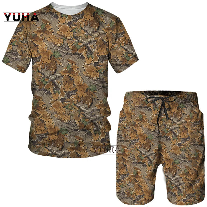 YUHA,Hunting  Summer Men's 3D Printed Camouflage Maple Leaves T-Shirt/Shorts/Suits Unisex Casual Outdoor Sportwear Short Sleeved
