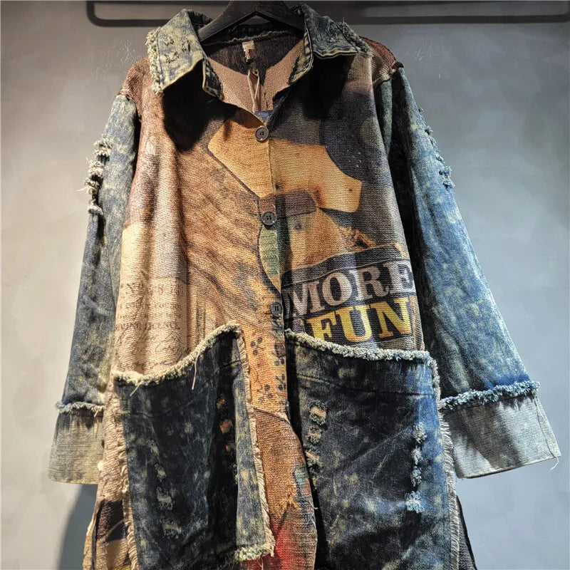 WTHT Colorful Print Spliced Denim Big Pockets Long Coat For Women 2024 Autumn Lapel Single Breasted Jacket Female 1LS215