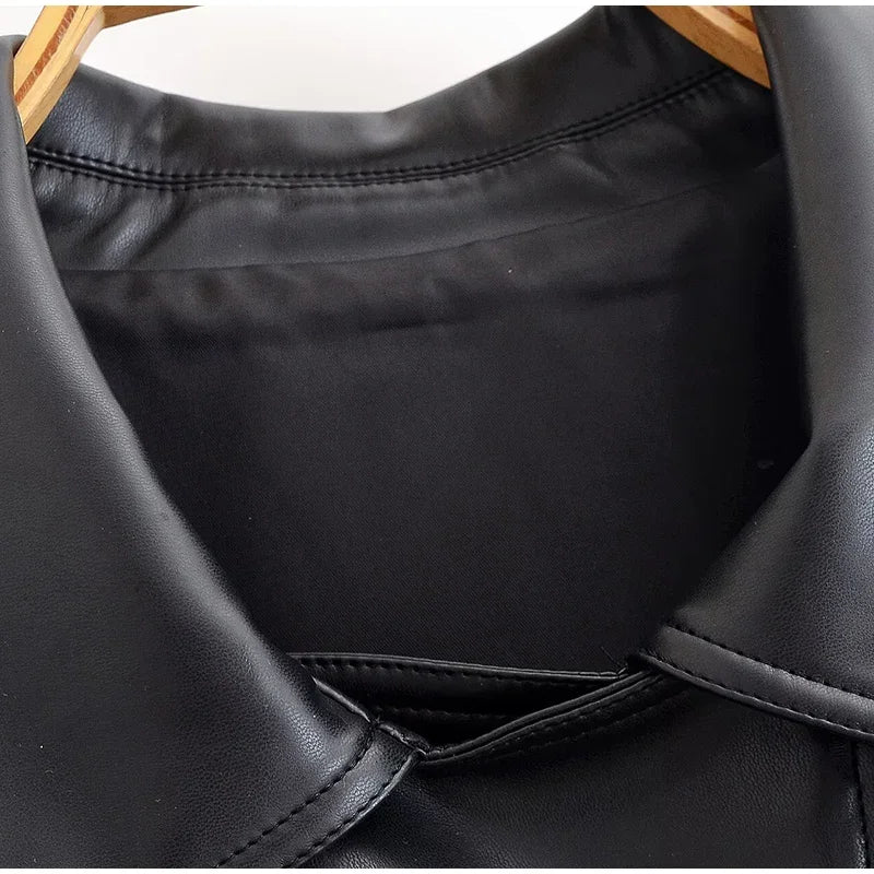 Black Belt Women's Leather Jacket Lapel Full Sleeve Zip-up Lace Up Waist Cinching Cropped Coats 2026 Autumn Street Lady Jackets