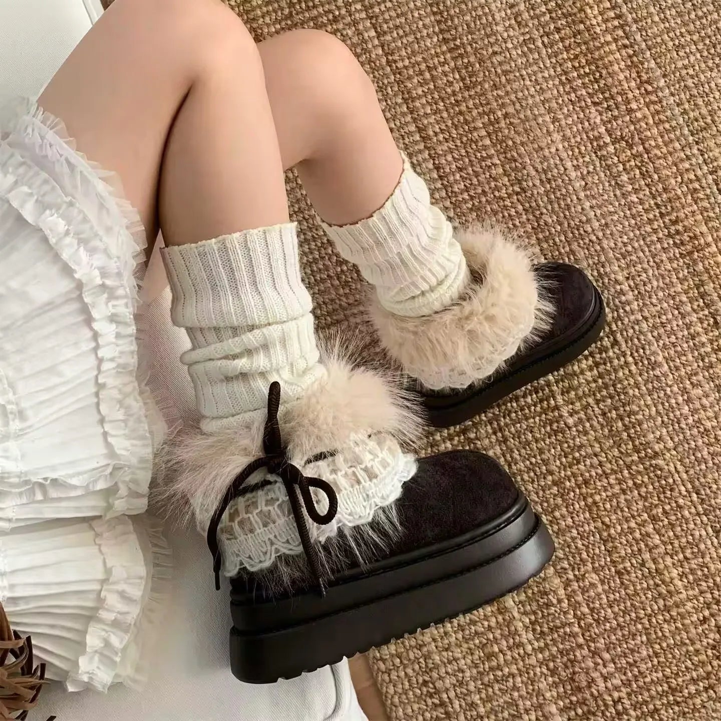 Korean Style Lace Snow Boots 2025 Winter Plush Warm Short Boots Girls Sweet Thick Bottom Casual Boots Students Cotton Shoes
