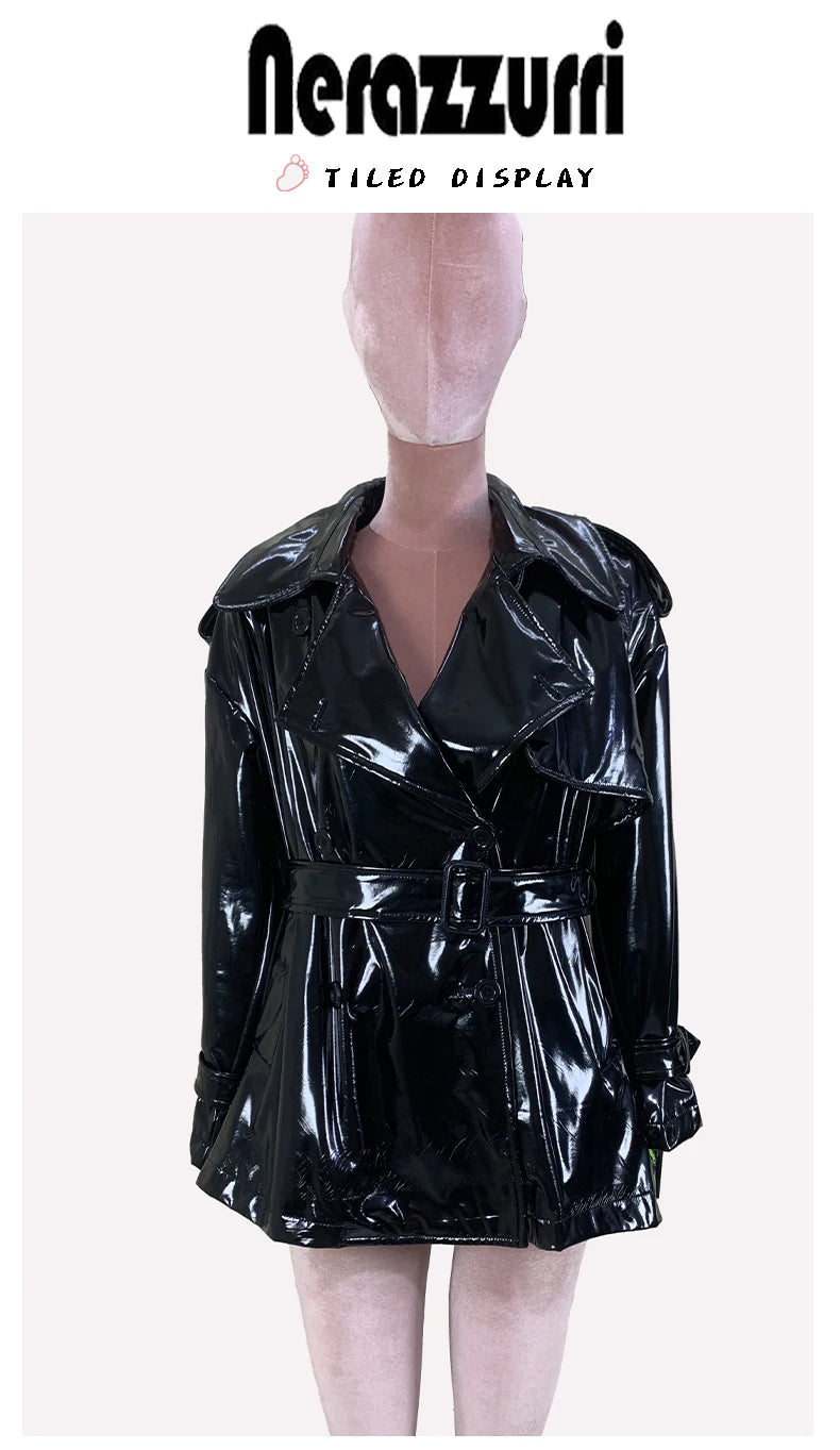 Nerazzurri Spring Autumn Oversized Thin Shiny Reflective Patent Leather Trench Coat for Women Double Breasted European Fashion
