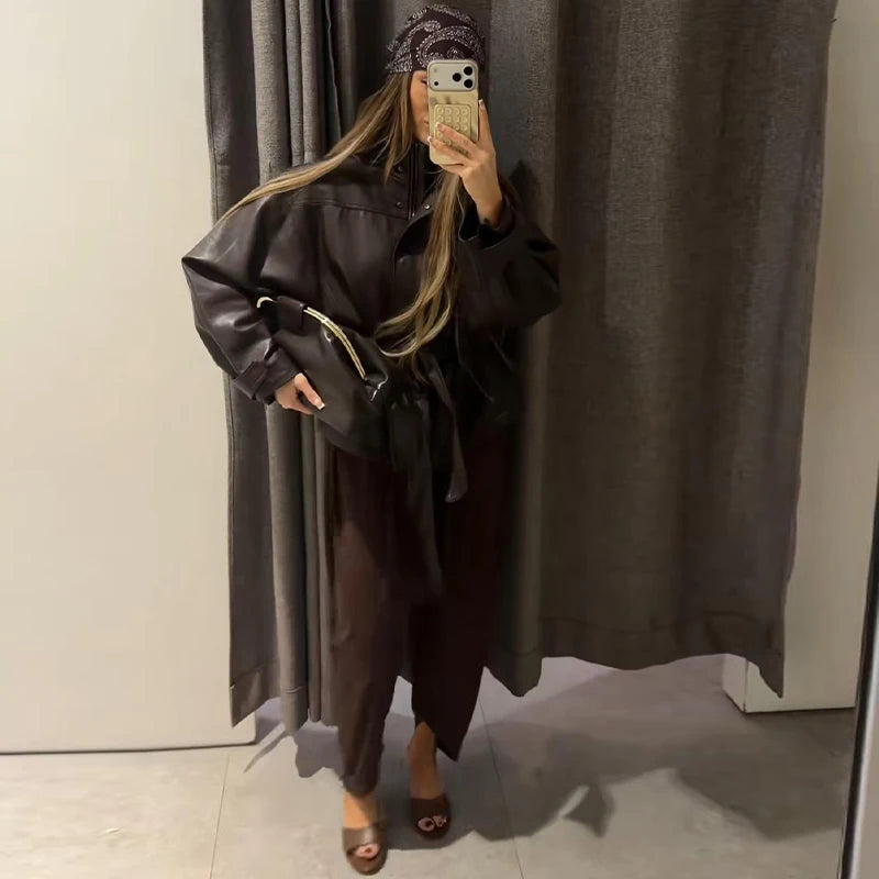 Belted Waist Stand Collar Women PU Jacket Drop Shoulder Long Sleeve Cuff Button Short Cropped Loose Faux Leather Jacket Commute