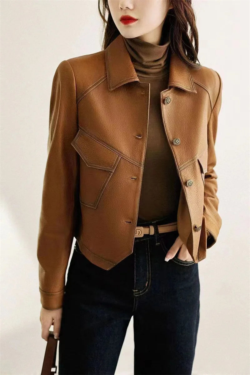 2026 Short PU Leather Coat Women's Spring Autumn New Jacket Ladies Fashion Outerwear Western Style Lapel Overcoat Leather Jacket