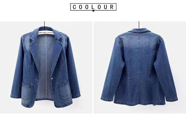 Spring Autumn New One Button Design Denim Jacket For Women Slimming Fit Suit Collar Solid Color Cardigan Blue Cowboy Outer Wear