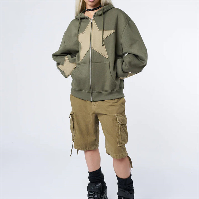 Women's Graphic Hoodie Y2k Zip Up Hoodies Star Patchwork Oversized Sweatshirt with Drawstring Aesthetic Pullover with Hood Shirt