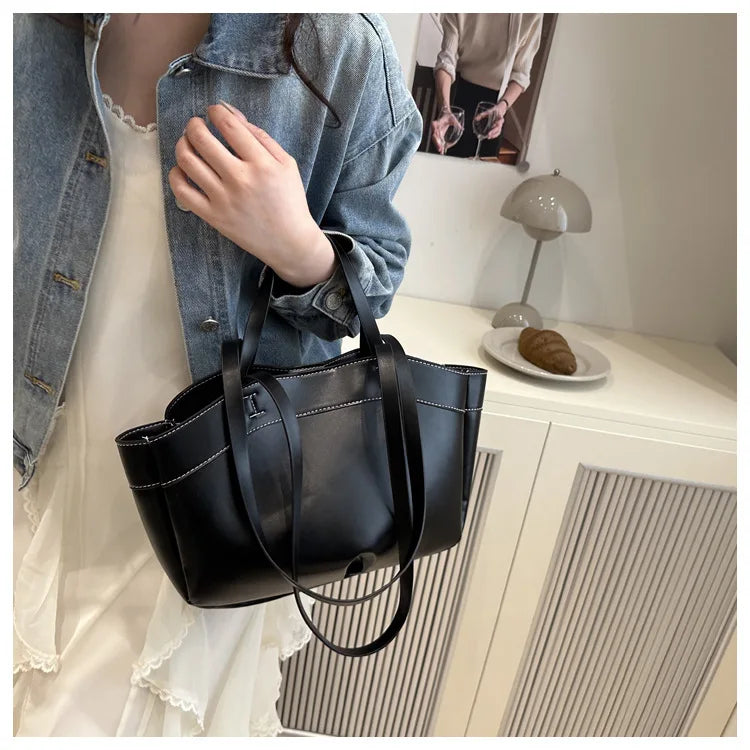 Solid Color Soft Leather Handbag Women Single Shoulder Tote Bag, Large Capacity Commuting Set Handbags Shopping Cross Body Bags