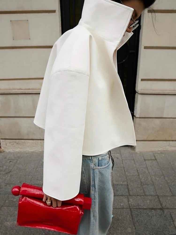 Street White Faux Leather Cropped Jacket Women Loose Stand Collar Wide Sleeve Coat 2026 Autumn Lady PU Motorcycle Daily Outwear