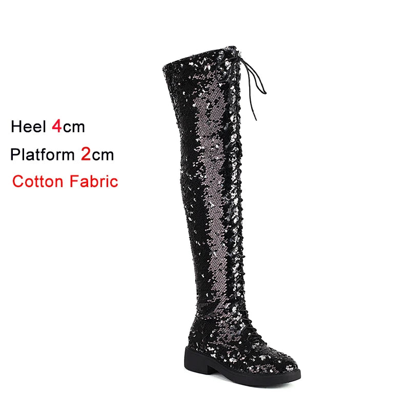 Lowheel Boots For Women Autumn Winter Thick Heels Over-knee-high Boots Shiny Sequined Club Dance Shoes Lace Up Thigh High Boots