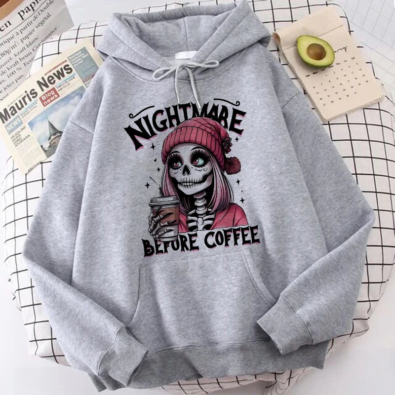 Slogan Nightmare Before Coffe Graphic Sweatshirt Unisex Fall Winter Hoody Y2k Clothing Women's Skeleton Halloween Pocket Hoodies