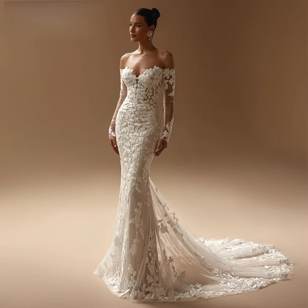 Customized Luxury Mermaid Wedding Dress Lace Appliques Sweetheart Full Sleeve Sweep Bride Robe Vestido De Novia