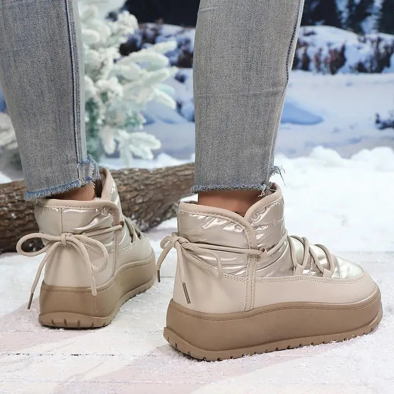 Comfort Platform Waterproof Snow Boots Women 2026 Winter Lace Up Decoration Thick Bottom Moon Boots Women Plush Short Booties