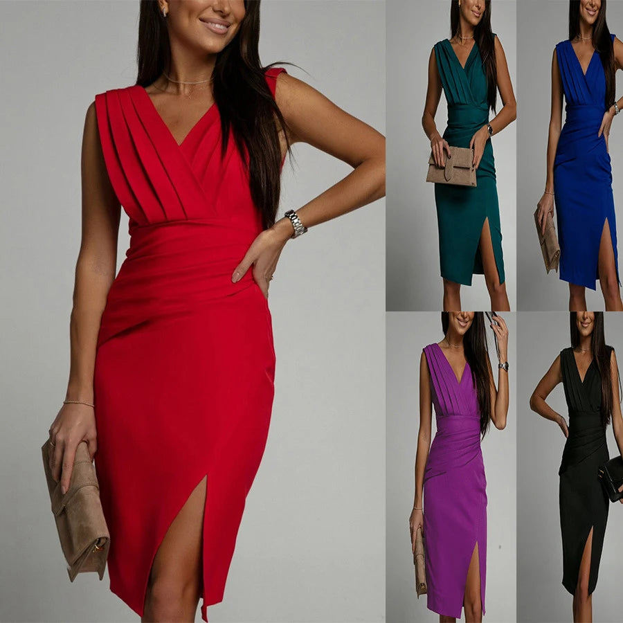 Summer Elegant Women Sexy Casual Sleeveless Office Mini Dress Fashion Solid Color V-neck High Waist Tight Side Split Dresses
