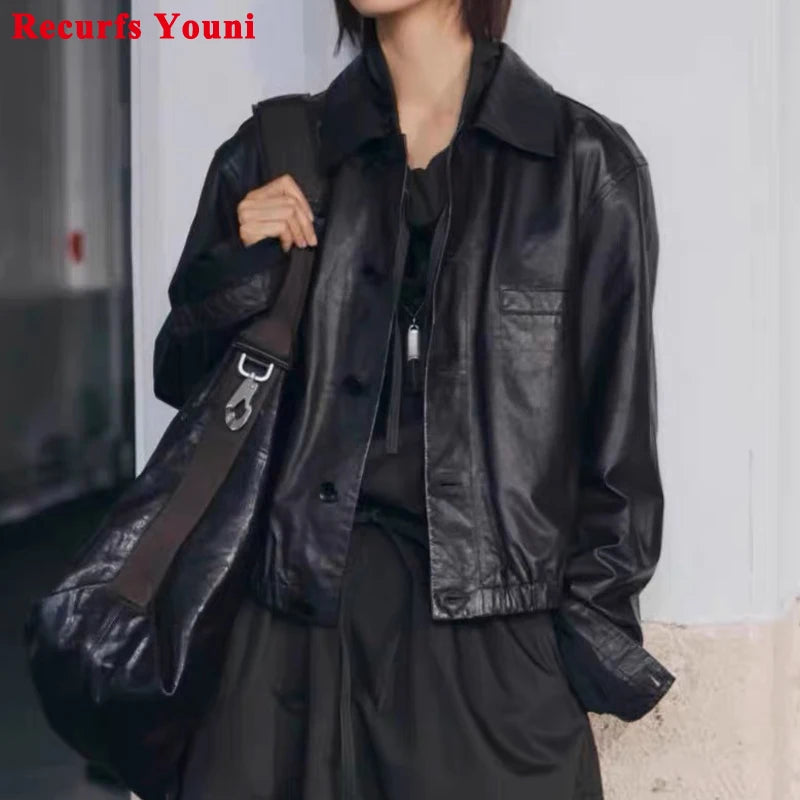 Advanced Oil Wax Leather Jacket for Women Autumn Winter Female 100% Lambskin Square Neck Elastic Waist  Loose Coat Vestes Femmes