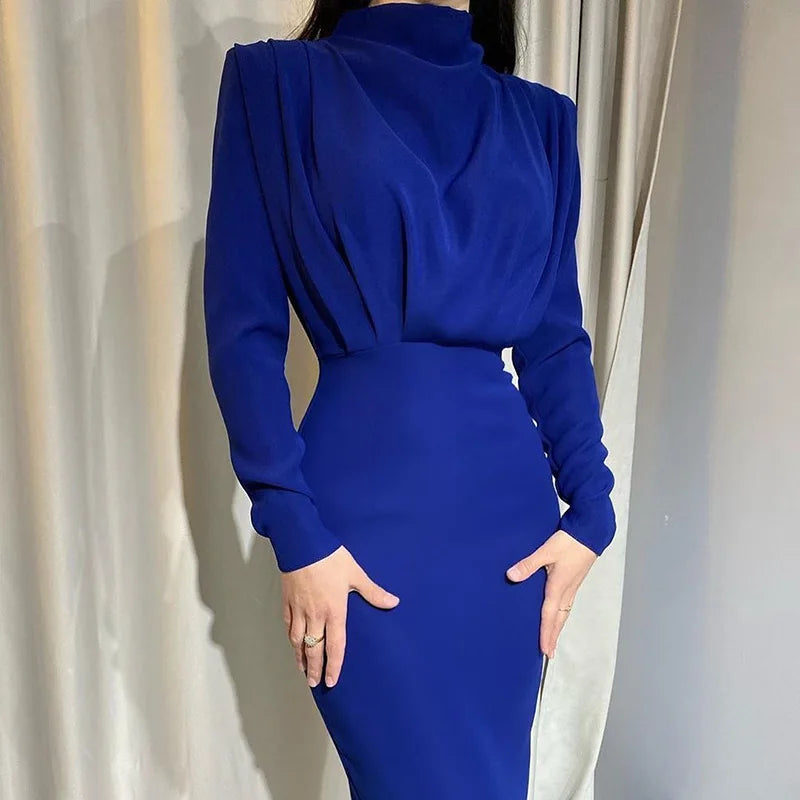 Women's Spring New Dresses with European and American Temperament, Waist Wrapped Solid Color Skirt, Long Sleeves, Round Neck
