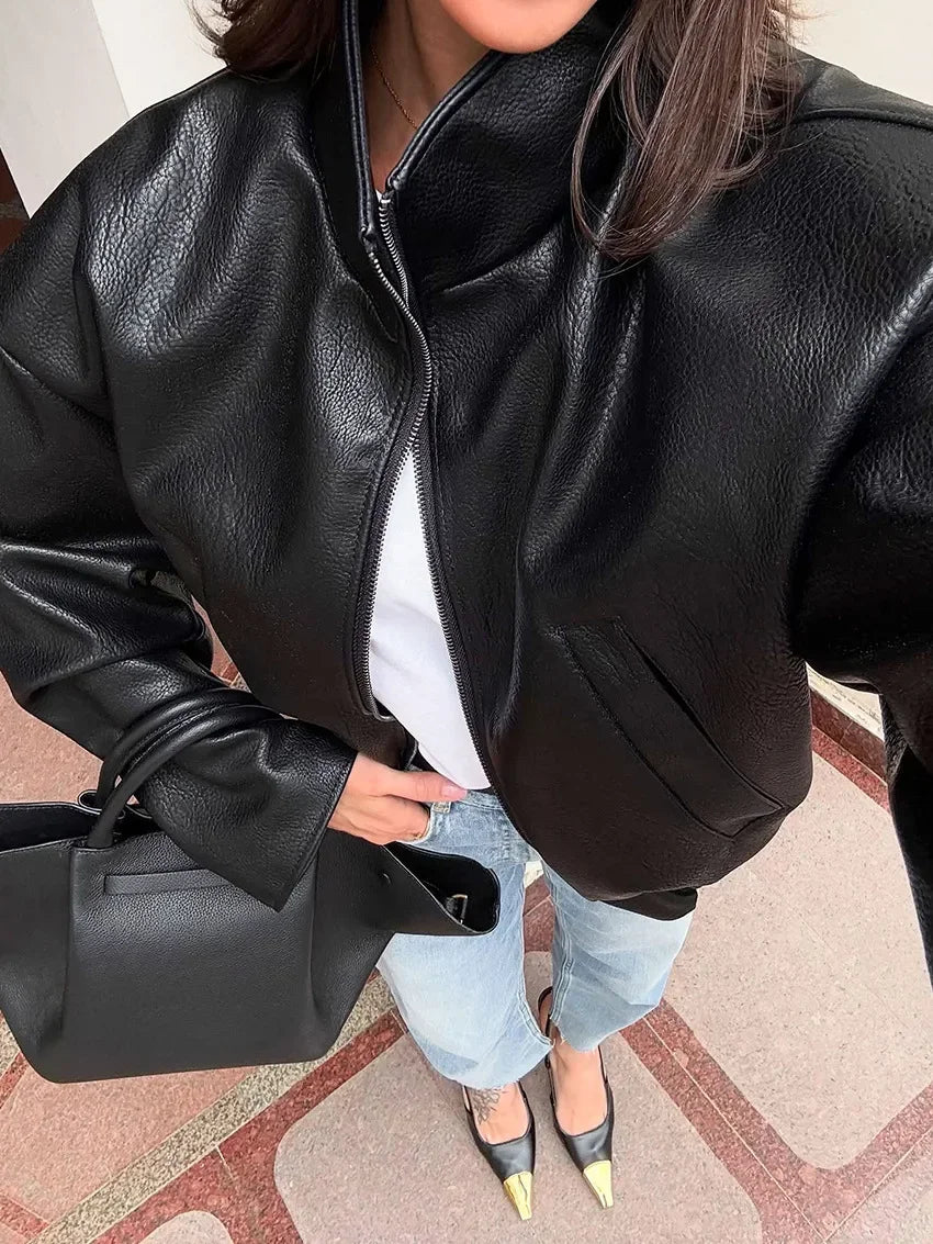 Black Short Leather Jacket Vintage Women's Stand Collar Full Sleeve V-neck Loose Jackets 2026 Lady  Autumn Casual Casual Outwear
