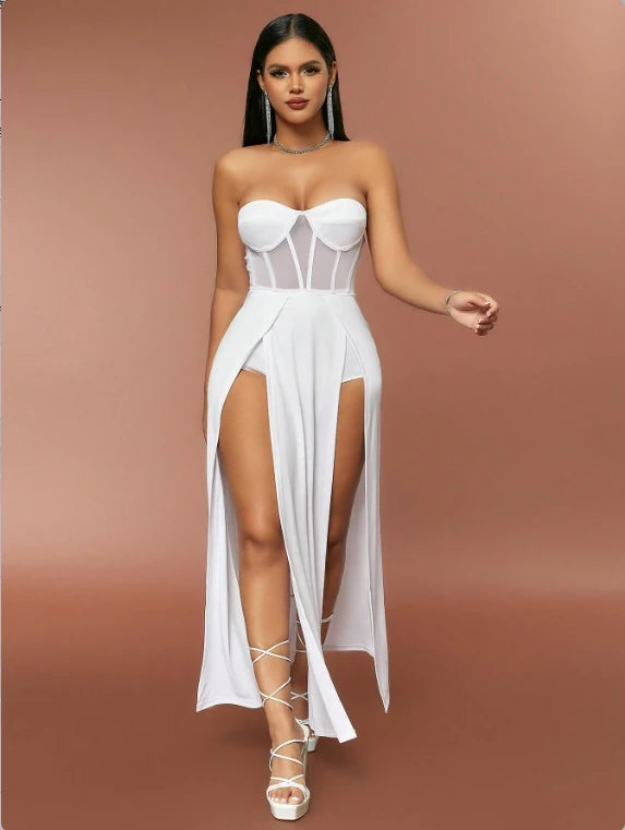 D&M Summer Luxury sexy Off Shoulder Irregular Swinging Collar Split evening gown vestidos Sleeveless Dresses Woman Clothing