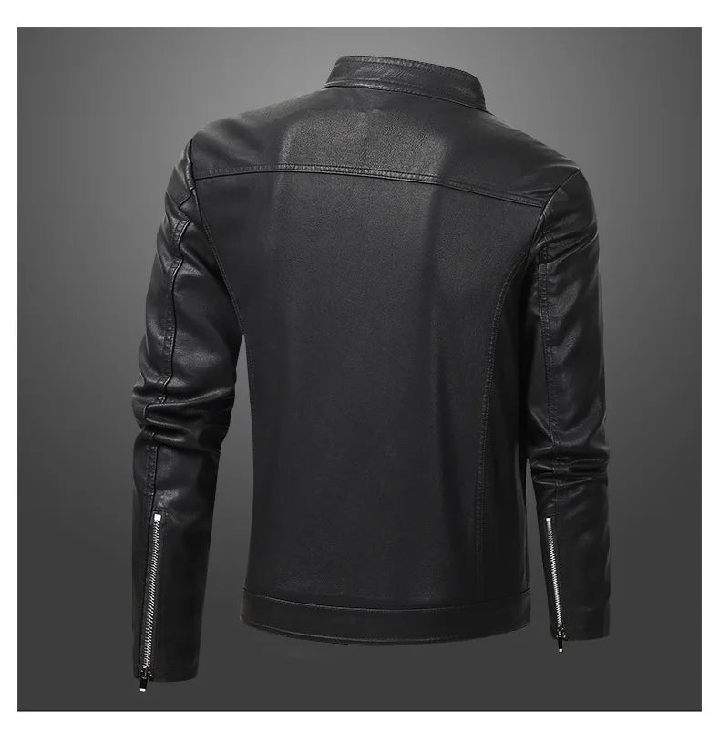 White and Red Patchwork Men's PU Jacket, Stylish Vintage Biker Faux Leather Coat, Available in Black or Brown.
